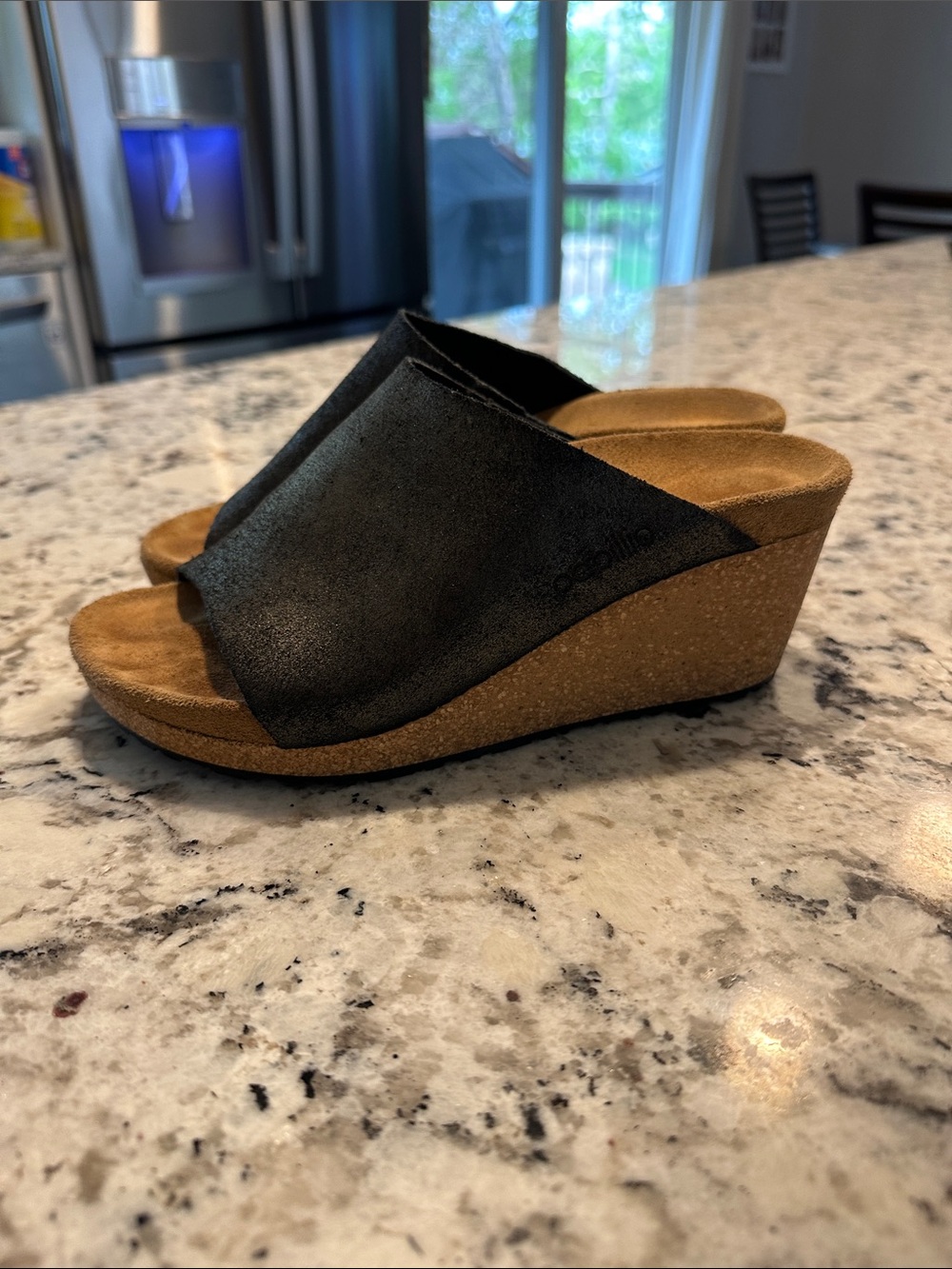 Papillio Black Suede Cork Wedge Slides